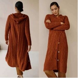 Anthropologie Hooded Duster Sweater Cardigan Jacket Sz XS Rust Orange